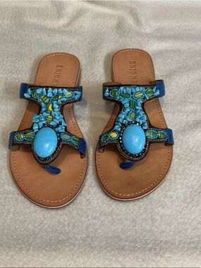Blue Beaded T-Strap Slide Sandals